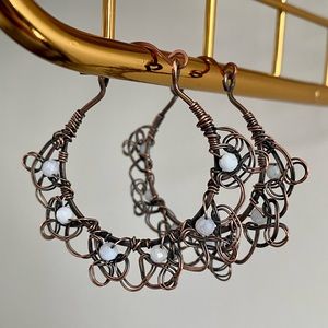 Blue Lace Agate Handcrafted Copper “Lace” Hoop Earrings